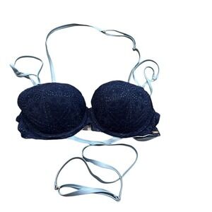 Victoria's Secret PINK Date Push-Up UW Multiway Bra 36D‎ Navy Lace w Blue Straps